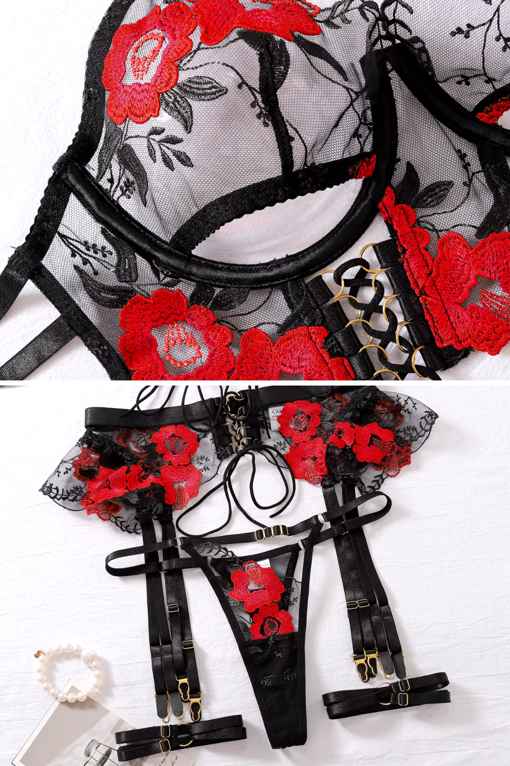 MAYA | Conjunto de lencería erótica con bordado floral