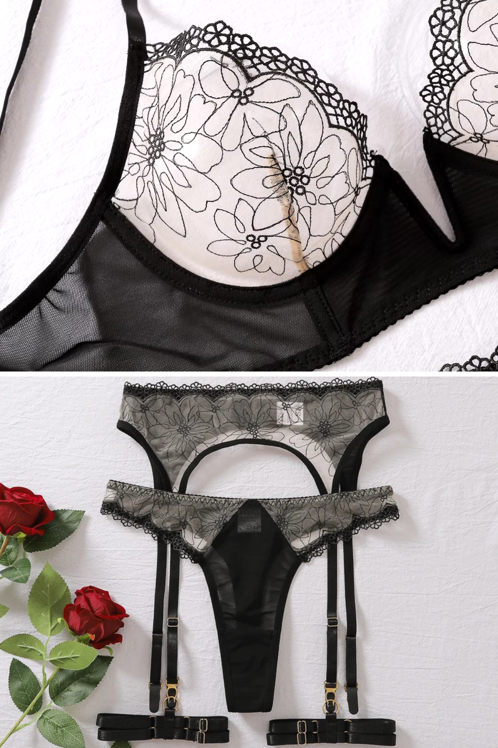 ROSA | Lujoso conjunto de lencería de cuatro piezas con encaje y liguero